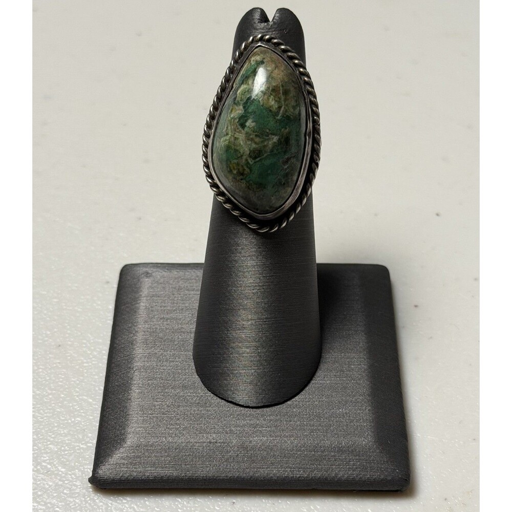Vintage 925 Mexico Big Green Stone Size 5.25 Sterling Silver Statement Ring